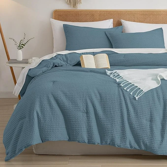 Modern PHF Soft Waffle Comforter Set Queen Size- Comfy Breathable Waffle Weave Comforter with 2 Pillow Shams 3 Pieces Less Snagging Lightweight Textured Bedding Set for All Season Stormy Blue Exceptional