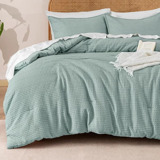 Relaxed PHF Soft Waffle Comforter Set Twin Size- Comfy Breathable Waffle Weave Comforter with 1 Pillow Shams 2 Pieces Less Snagging Lightweight Textured Bedding Set for All Season Dusty Blue Superior