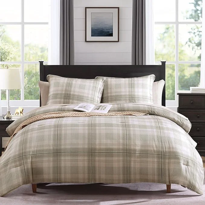 Sustainable MaiRêve Plaid Queen Comforter Sets Khaki Green Grid Farmhouse Bedding Set Bed in A Bag Classic Checkered Comforter Sets with Fitted amp Flat Sheet Pillowcases amp Shams 90 quot x90 quot High-Quality