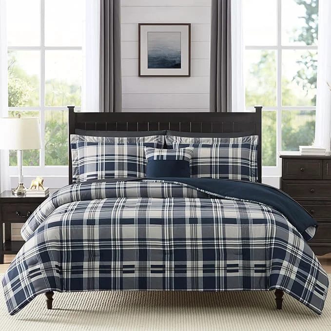 Functional MaiRêve Full Size Comforter Set Navy Blue Plaid Design Comforter Set 7 Pieces All Season Comfortable Bedding Sets Full Lightweight Soft and Warm Navy Blue Full Durable