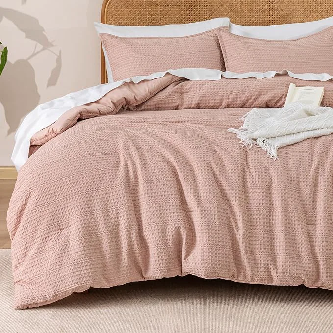 Modern PHF Soft Waffle Comforter Set Twin Size- Comfy Breathable Waffle Weave Comforter with 1 Pillow Shams 2 Pieces Less Snagging Lightweight Textured Bedding Set for All Season Rose Pink Premium Material