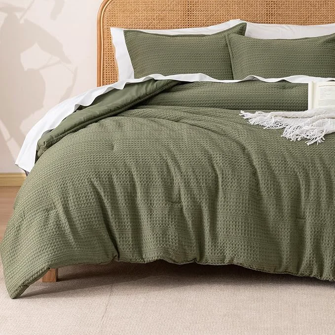 Luxury PHF Soft Waffle Comforter Set Queen Size- Comfy Breathable Waffle Weave Comforter with 2 Pillow Shams 3 Pieces Less Snagging Lightweight Textured Bedding Set for All Season Olive Green Eco-Friendly