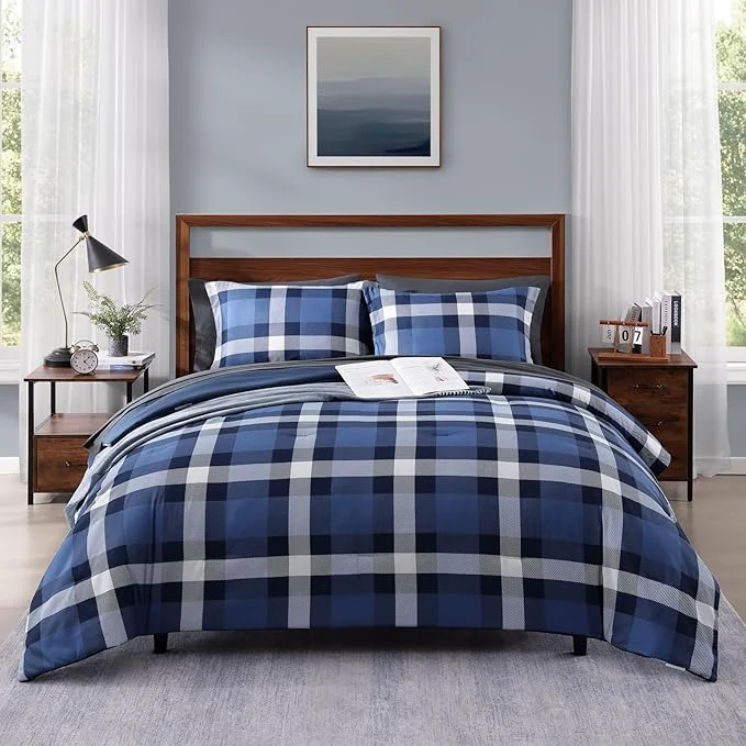 Efficient MaiRêve Queen Size Plaid Comforter Set Indigo Blue Classic Checkered 7 Pieces Farmhouse Bedding Set All Season Lightweight Bed in A Bag with Sheets Pillowcases amp Shams Official