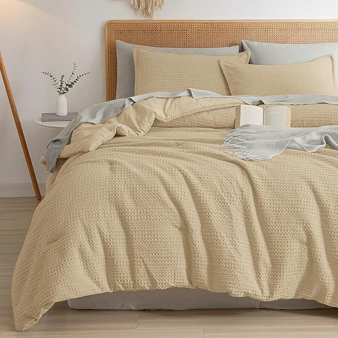 Contemporary PHF Soft Waffle Comforter Set King Size- Comfy Breathable Waffle Weave Comforter with 2 Pillow Shams 3 Pieces Less Snagging Lightweight Textured Bedding Set for All Season Light Khaki Long-Lasting