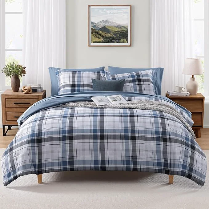 Environmentally Friendly MaiRêve Queen Size Plaid Comforter Set Lake Blue Classic 7 Pieces Farmhouse Bedding Set All Season Lightweight Bed in A Bag with Sheets Pillowcases amp Shams Fast