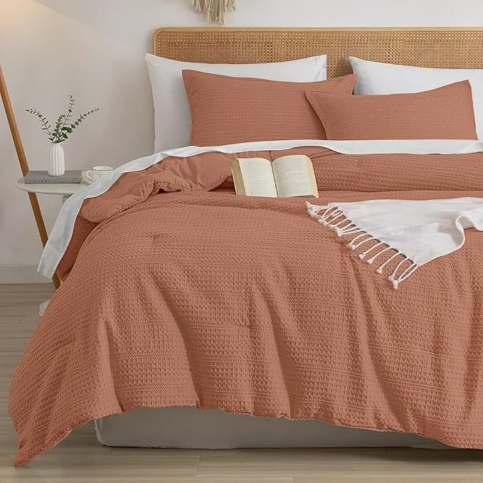 Fine PHF Soft Waffle Comforter Set Queen Size- Comfy Breathable Waffle Weave Comforter with 2 Pillow Shams 3 Pieces Less Snagging Lightweight Textured Bedding Set for All Season Terra Cotta Refined