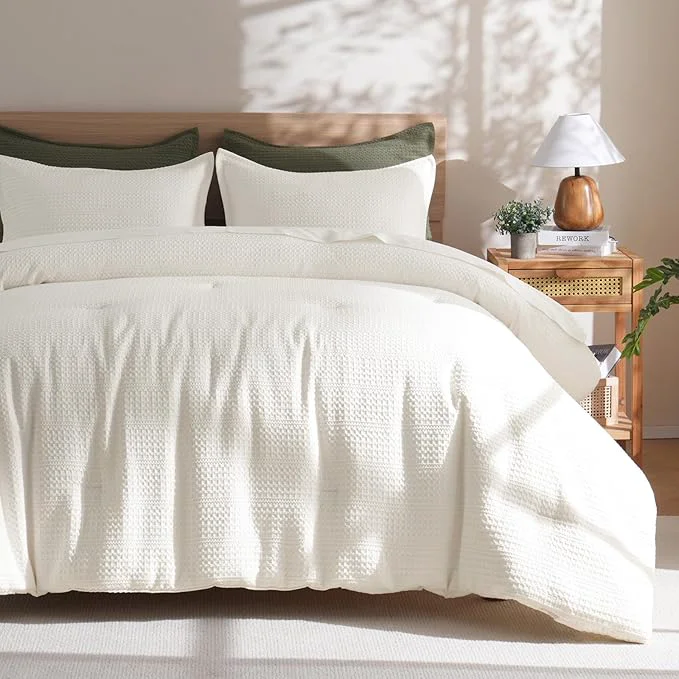 Optimized PHF Soft Waffle Comforter Set Twin Size- Comfy Breathable Waffle Weave Comforter with 1 Pillow Shams 2 Pieces Less Snagging Lightweight Textured Bedding Set for All Season Cream Pure
