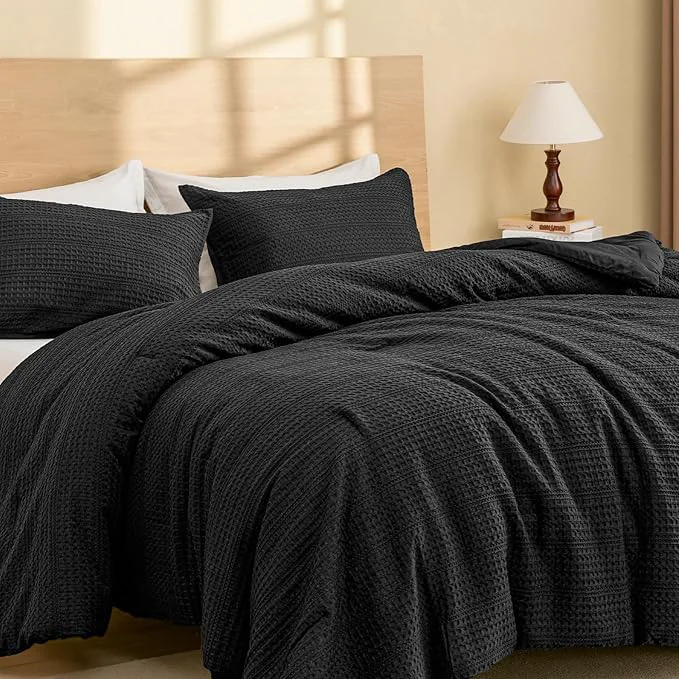 Easy-to-Use PHF Soft Waffle Comforter Set Queen Size- Comfy Breathable Waffle Weave Comforter with 2 Pillow Shams 3 Pieces Less Snagging Lightweight Textured Bedding Set for All Season Black Elegant