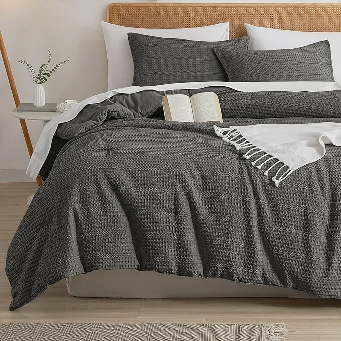 Verified PHF Soft Waffle Comforter Set Twin Size- Comfy Breathable Waffle Weave Comforter with 1 Pillow Shams 2 Pieces Less Snagging Lightweight Textured Bedding Set for All Season Grey Smooth