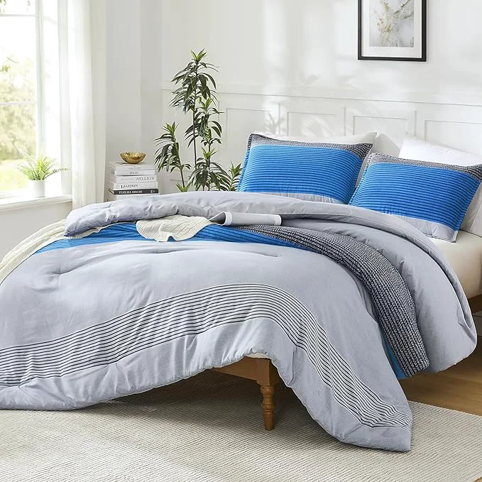 Fine Litanika Bed Comforter King Set Grey Blue Striped Bedding Comforter Set 3 Pieces Lightweight Soft All Season Down Comforter 1 Comforter 2 Pillowcases Breathable