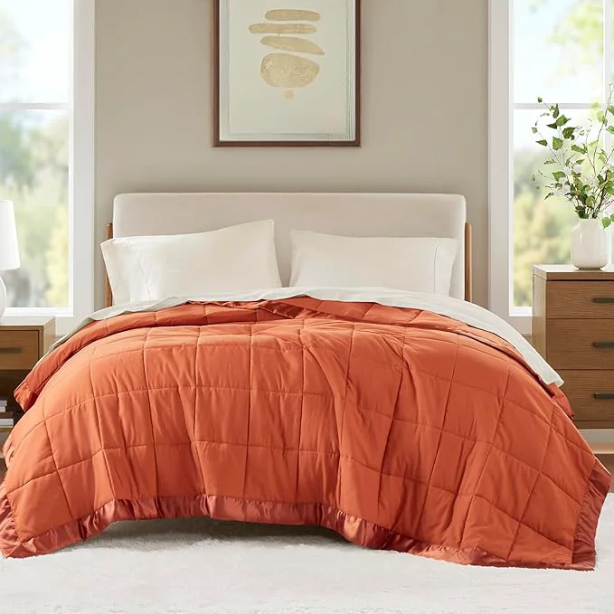 Long-Lasting Madison Park Queen Blanket Quilted Microfiber Satin Binding 3M Scotchgard Moisture Wicking Soft and Lightweight Summer Blanket for Couch Windom Full Queen Orange Luxury