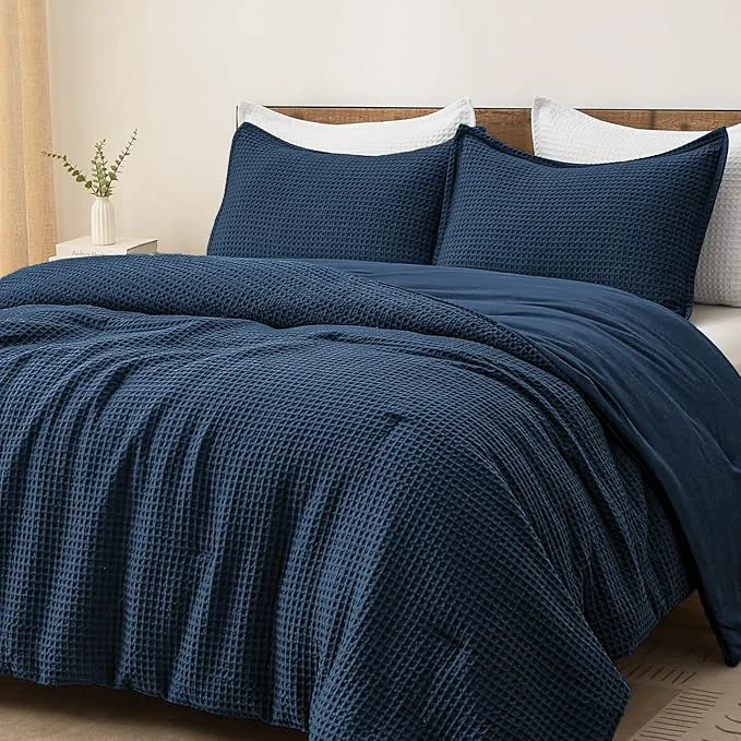 Luxury PHF Ultra Soft Waffle Weave Comforter Set California King Size 3 Pieces Lightweight Breathable Comfy Bedding Set Comfy Textured 1 Comforter with 2 Pillow Shams Navy Blue Responsible