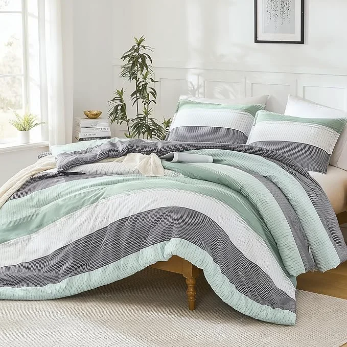 Long-Lasting Litanika King Size Comforter Set Sage Green – 3 Pieces Lightweight Quilt Bedding Comforter Sets Light Green White Colorblock Stripe Fluffy Bed Set All Season Down Solid
