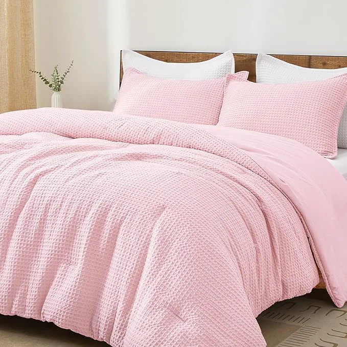 Flexible PHF Ultra Soft Waffle Weave Comforter Set King Size 3 Pieces Lightweight Breathable Comfy Bedding Set Comfy Textured 1 Comforter with 2 Pillow Shams Pink Effective