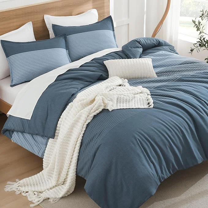 Official Litanika Comforter Set Lightweight Colorblock Stripes Bedding Comforter Set Fluffy Down Bed Set Haze Blue Queen Refined