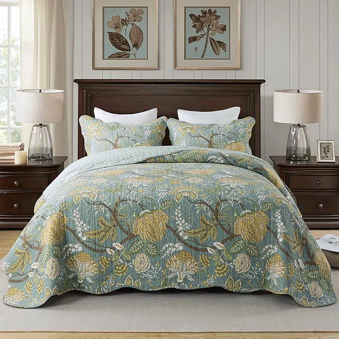 First-Class Travan 3-Piece Quilt Set Quilted Bedspread Cotton Coverlet Set Floral Printed Oversized Quilted Bedding Set with Shams for All Season Green Vine Queen Size Refined