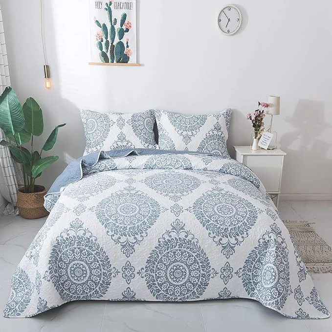Efficient Travan 3-Piece Quilt Set Quilted Bedspread Lightweight Coverlet Set Floral Printed Oversized Quilted Bedding Set with Shams for All Season Blue Floral King Size Fashionable