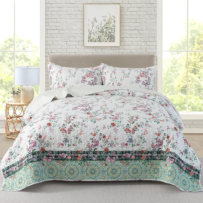 Powerful Travan 3-Piece Quilt Set Quilted Bedspread Lightweight Coverlet Set Garden Style Floral Printed Oversized Quilted Bedding Set with Shams for All Season Exquisite Queen Size Effective