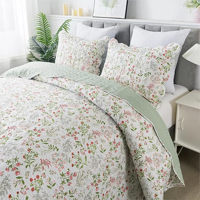 Proven Travan 3-Piece Quilt Set Quilted Bedspread Lightweight Coverlet Set Garden Style Floral Printed Oversized Quilted Bedding Set with Shams for All Season Flower Sea Queen Size Organic