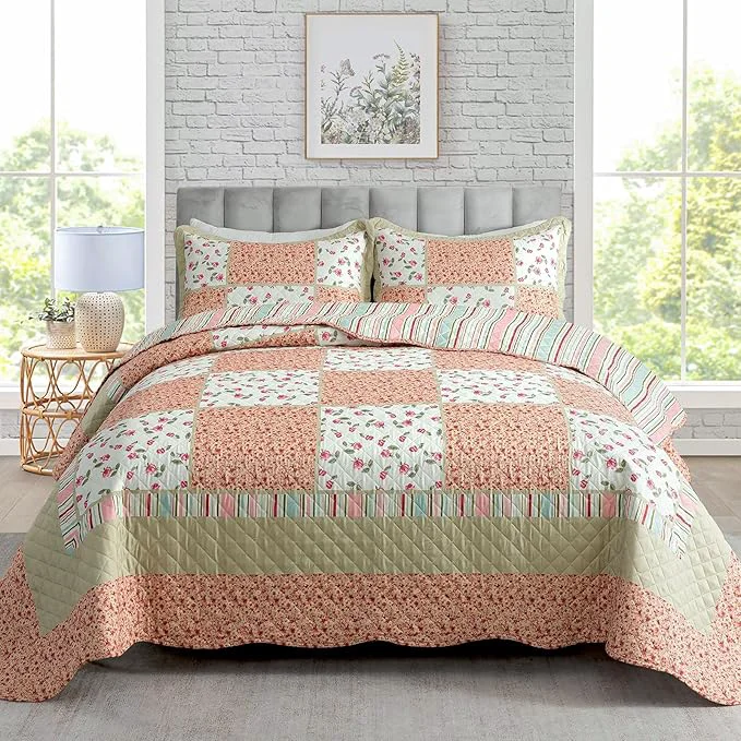 Next-Generation Travan 3-Piece Quilt Set Quilted Bedspread Lightweight Coverlet Set Patchwork Floral Oversized Reversible Soft Quilted Bedding Coverlet Set for All Seasons Queen Size Organic