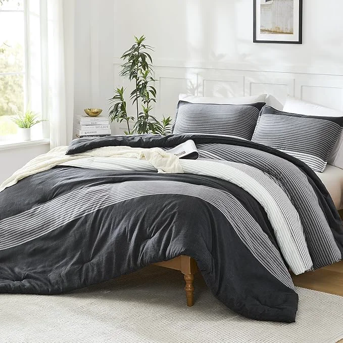 User-Friendly Litanika Oversized King Comforter Set Black White Grey 120×120-3 Pieces Lightweight Colorblock Stripe Fluffy Bedding Comforter Sets All Season Bed Set Classic