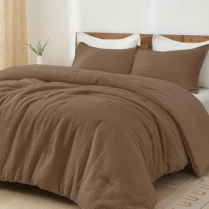 Contemporary PHF Ultra Soft Waffle Weave Comforter Set King Size 3 Pieces Lightweight Breathable Comfy Bedding Set Comfy Textured 1 Comforter with 2 Pillow Shams Mocha Reliable