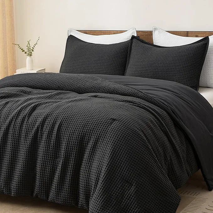 Powerful PHF Ultra Soft Waffle Weave Comforter Set California King Size 3 Pieces Lightweight Breathable Comfy Bedding Set Comfy Textured 1 Comforter with 2 Pillow Shams Black Superior