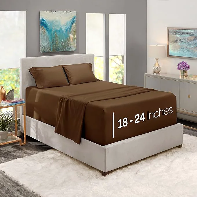 Professional Nestl California King Size Sheet Set 4 Piece Extra Deep Pocket 18-24 inches Microfiber Hotel Luxury Soft Breathable Wrinkle- Easy to Care Chocolate Brown Premium
