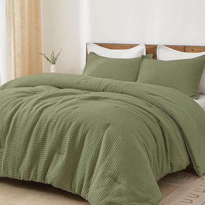 Authentic PHF Ultra Soft Waffle Weave Comforter Set Queen Size 3 Pieces Lightweight Breathable Comfy Bedding Set Comfy Textured 1 Comforter with 2 Pillow Shams Olive Green Premium