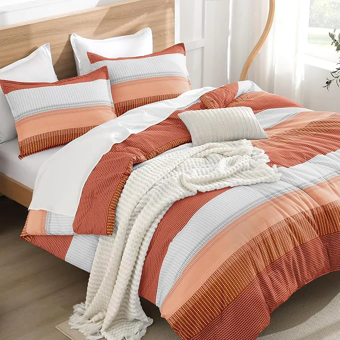 Litanika Burnt Orange Bed Comforter Full Size Set 3 Pieces Boho Terracotta Stripe Colorblock Soft Bedding Comforter Set Rust Fluffy Bed Set 79x90In Comforter amp 2 Pillowcases World-Class