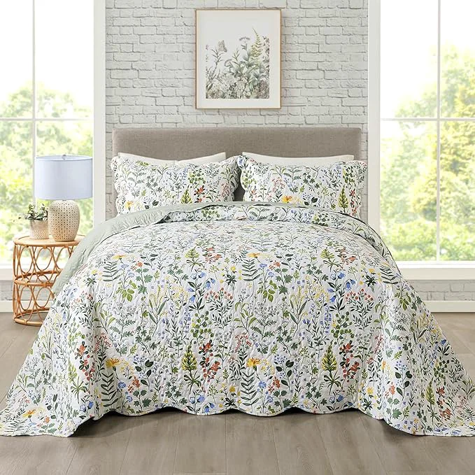 Reusable Travan 3-Piece Quilt Set Quilted Bedspread Lightweight Coverlet Set Garden Style Floral Printed Oversized Quilted Bedding Set with Shams for All Season Exquisite King Size Selected