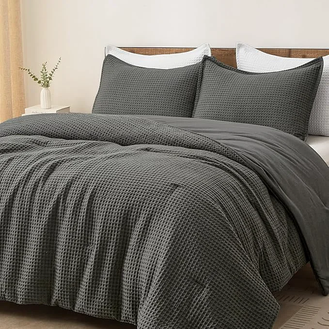 Eco-Friendly PHF Ultra Soft Waffle Weave Comforter Set Queen Size 3 Pieces Lightweight Breathable Comfy Bedding Set Comfy Textured 1 Comforter with 2 Pillow Shams Grey Functional