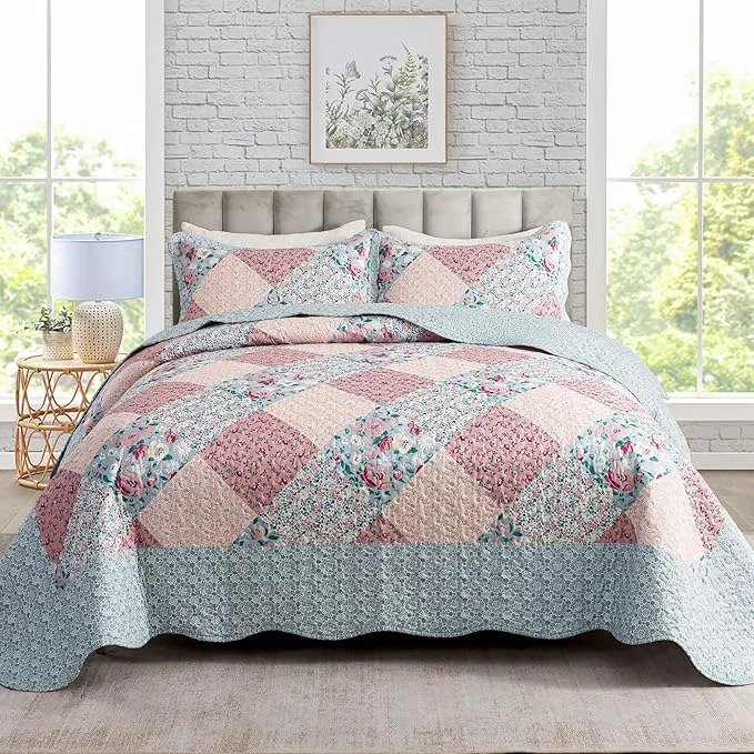 Trendy Travan 3-Piece Bedspread Quilt Set Lightweight Coverlet Set Garden Style Floral Printed Oversized Quilted Bedding Set with Shams for All Season Exquisite Queen Size Premium Material