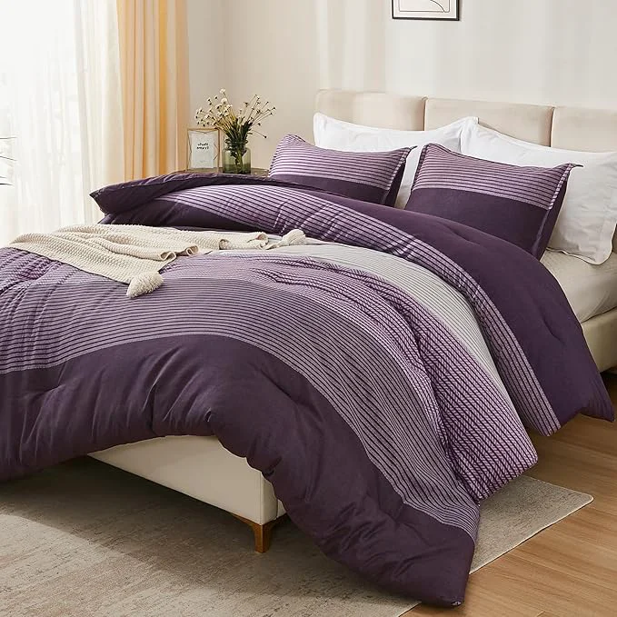 High-Grade Litanika Purple Comforter Set Oversized Queen – 3 Pieces Lightweight Gray Purple Colorblock Stripe Fluffy Bedding Comforter Sets All Season Bed Set Casual