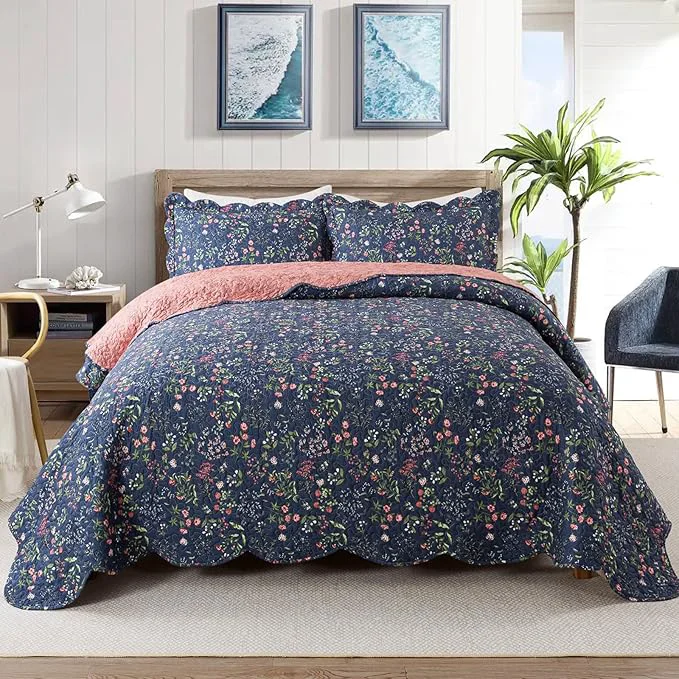 Top-Quality Travan 3-Piece Quilt Set Quilted Bedspread Lightweight Coverlet Set Garden Style Floral Printed Oversized Quilted Bedding Set for All Season Blue Flower Sea King Size Proven
