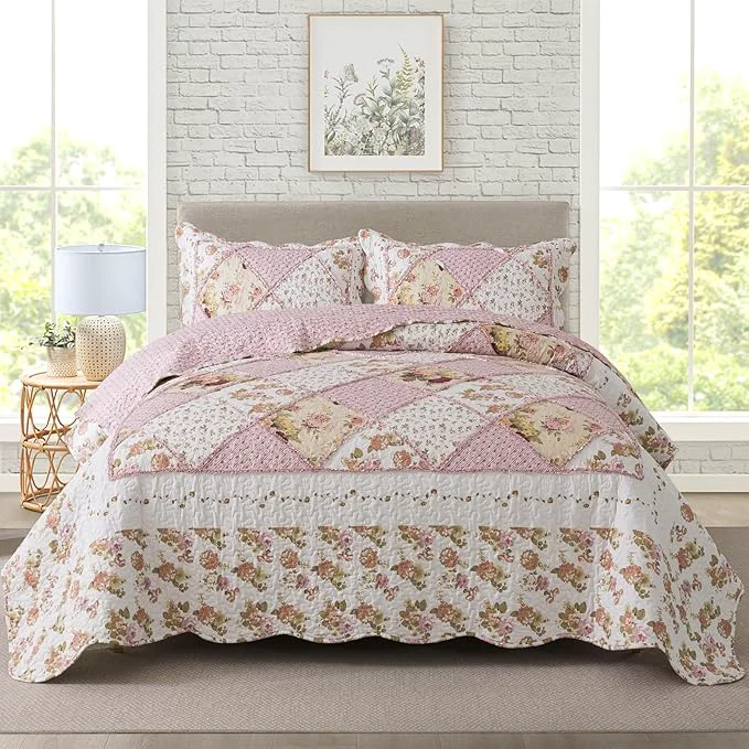 Convenient Travan 3-Piece Quilt Set Quilted Bedspread Lightweight Coverlet Set Garden Style Floral Printed Oversized Quilted Bedding Set with Shams for All Season Exquisite King Size Fine Crafted