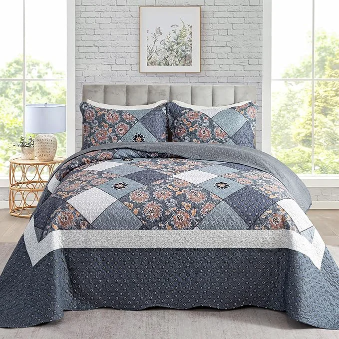 Clean Travan 3-Piece Queen Bedspread Quilt Set Lightweight Coverlet Set Garden Style Floral Printed Oversized Quilted Bedding Set with Shams for All Season Exquisite Queen Size Genuine