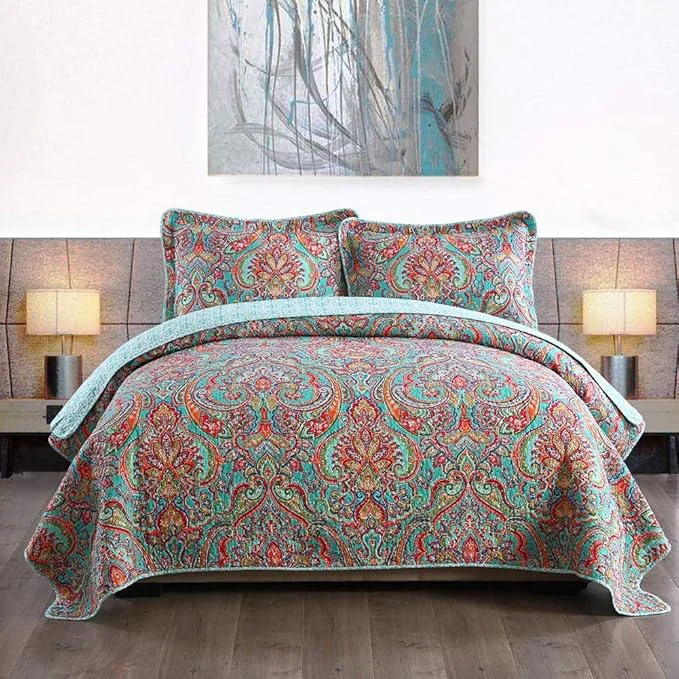 Contemporary Travan 3-Piece Bedspread Quilt Set Oversized Reversible Quilted Bedding Cotton Coverlet Set with Shams Gorgeous Floral Pattern Queen Size Natural