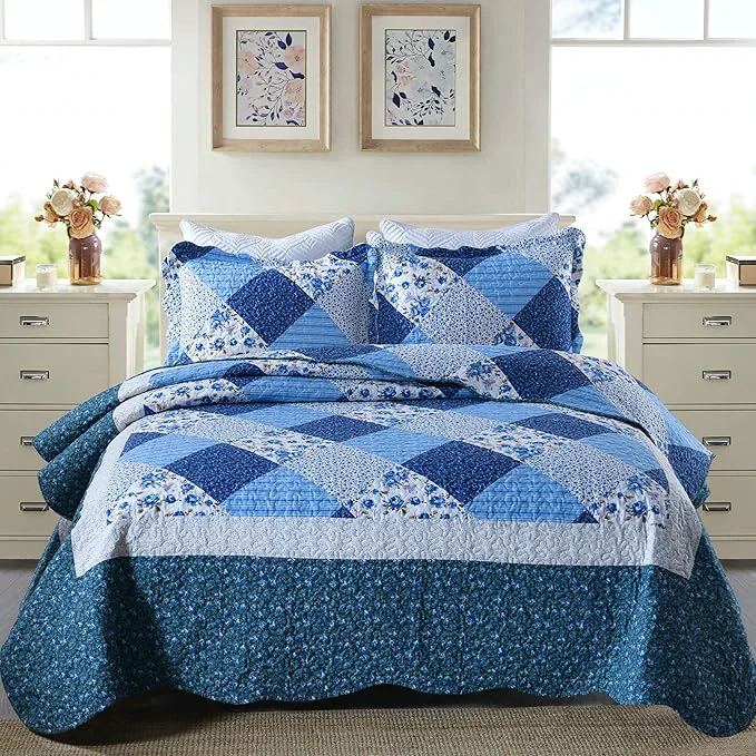 Fine Travan Bedspread Quilt Sets 3-Piece Lightweight Coverlet Set with Shams Reversible Quilted Bedding Set Blue Floral Patchwork Queen Size High-Grade