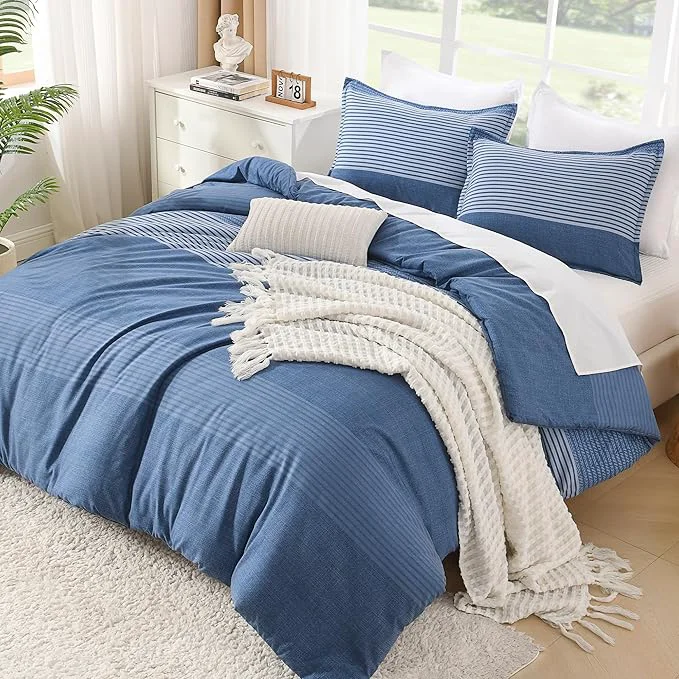 Safe Litanika Comforter Set Queen Size Sapphire Blue – 3 Pieces Lightweight Sapphire Blue White Colorblock Stripe Fluffy Bedding Comforter Sets All Season Bed Set Casual