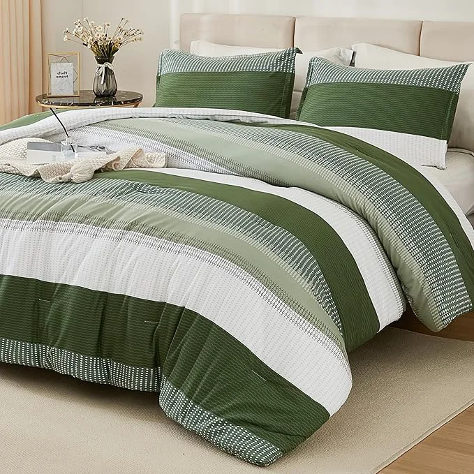 Elegant Litanika Olive Green Comforter Set Full – 3 Pieces Lightweight Olive Green White Colorblock Stripe Fluffy Bedding Comforter Sets All Season Bed Set Healthy