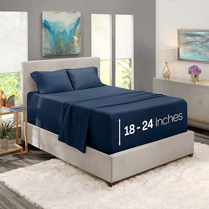 Prestigious Nestl King Size Sheet Set 4 Piece Extra Deep Pocket 18-24 inches Microfiber Hotel Luxury Soft Breathable Wrinkle- Easy to Care Navy Blue
