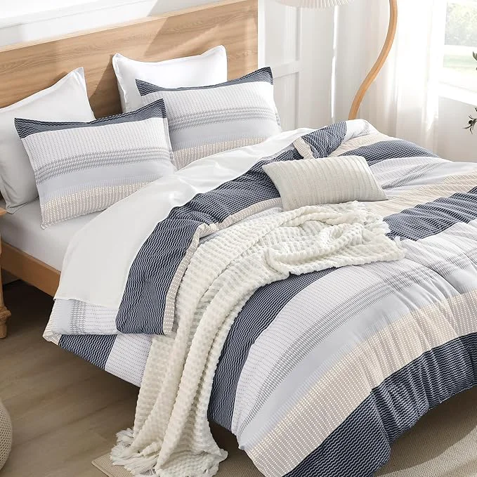 Functional Litanika Oversized Queen Comforter Set Blue Yellow 98×98-3 Pieces Lightweight Colorblock Stripe Fluffy Bedding Comforter Sets All Season Bed Set Clean