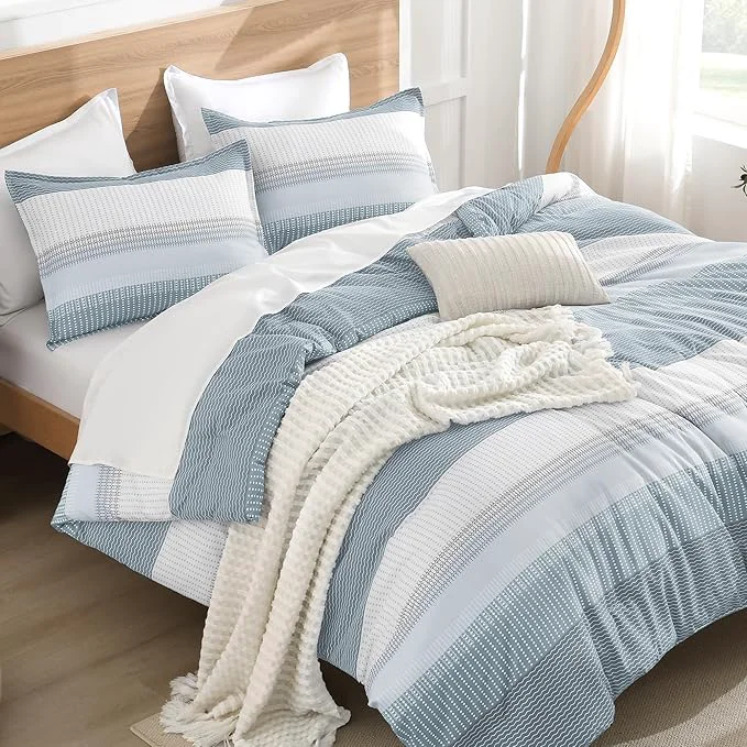 Fast Litanika Comforter Set – Lightweight Quilt Bedding Comforter Sets Colorblock Stripe Fluffy Bed Set All Season Down King Light Blue Luxury