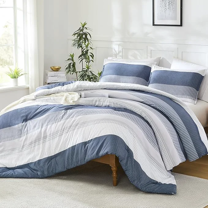 Practical Litanika Mineral Blue Comforter Set Super King Plus – 3 Pieces Lightweight Mineral Blue White Colorblock Stripe Fluffy Bedding Comforter Sets All Season Bed Set Breathable