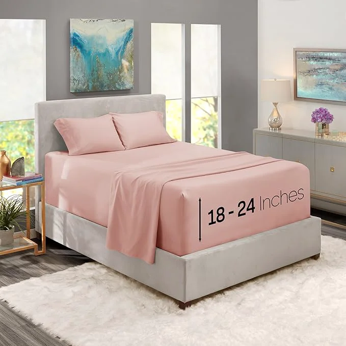 Traditional Nestl King Size Sheet Set 4 Piece Extra Deep Pocket 18-24 inches Microfiber Hotel Luxury Soft Breathable Wrinkle- Easy to Care Peach Beige Casual