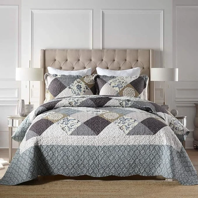 Reusable Travan 3-Piece Queen Quilt Set Quilted Bedspread Oversized Microfiber Lightweight Coverlet Set with Shams Reversible Printed Coverlet Bedding Set for All Season Slate Blue King Size Dependable