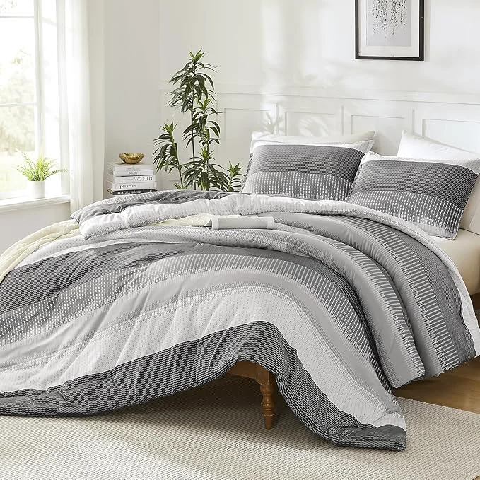 Optimized Litanika Dark Grey Comforter Set Oversized Queen – 3 Pieces Lightweight Dark Grey Colorblock Stripe Fluffy Bedding Comforter Sets All Season Bed Set Artisan