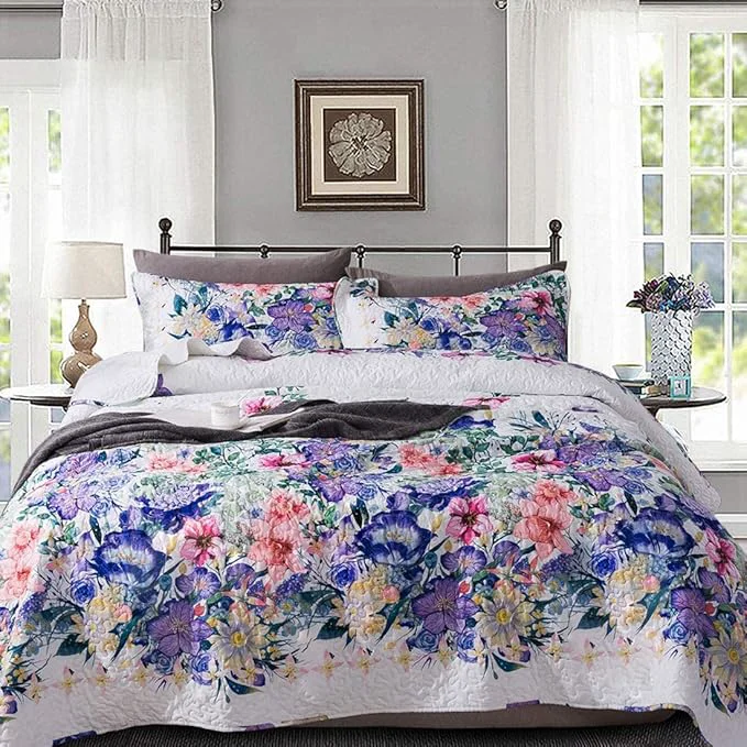 Long-Lasting Travan Queen Quilt Set 3-Piece Bedspread Quilted Oversized Lightweight Microfiber Coverlet Set with Shams Violet Purple Floral Pattern Quilted Bedding Set for All Season Queen Selected
