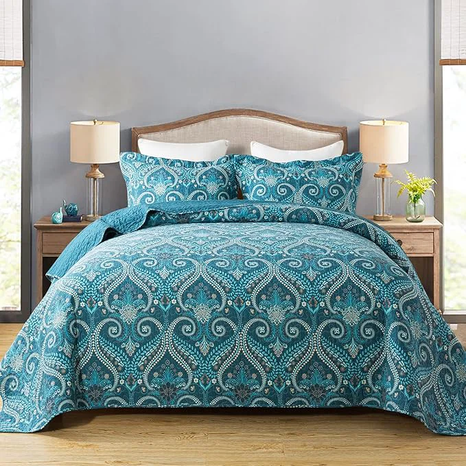 Carefully Designed Travan 3-Piece Cotton Quilt Set Quilted Bedding Set for All Season Cyan Blue Flower King Size Fast
